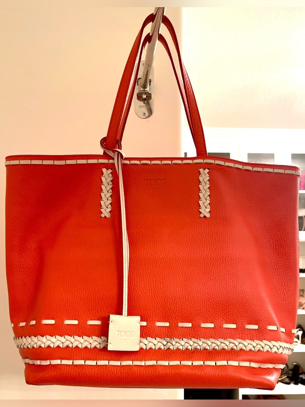 Tod's Orange Leather Tote with White Braided Trim